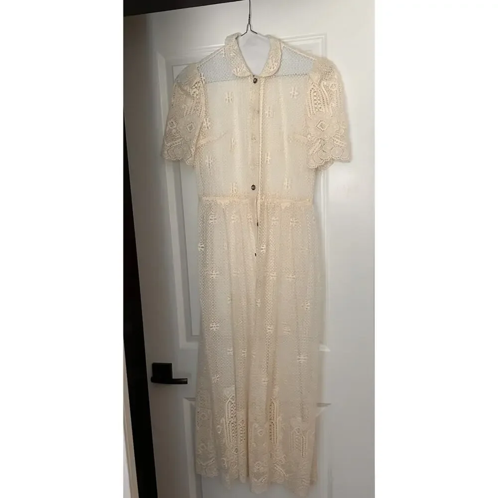 Vintage Fine Lace Dress 4 To 6 1960s With Satin Slip Rhinestone Buttons - Picture 2 of 15